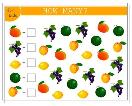 Math game for kids, count how many items, mango fruit, lemon, watermelon, apr Stock Illustration