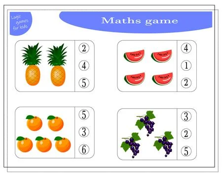 Math game for kids, count how many items, fruits pineapple, watermelon, black Stock Illustration
