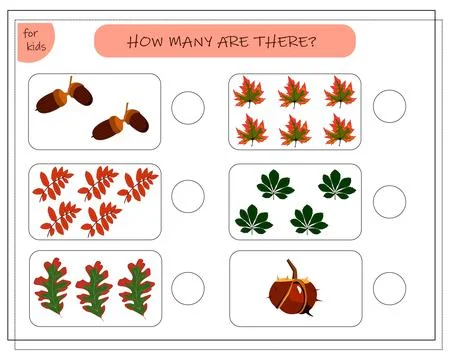 Math game for kids count how many of them there are. The leaves of the trees, Stock Illustration