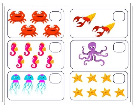 Math game for kids count how many of them there are. crab, crayfish, octopus, Stock Illustration