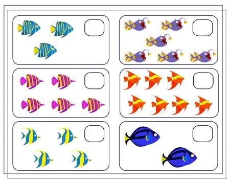 Math game for kids, count how many fish there are. vector Stock Illustration