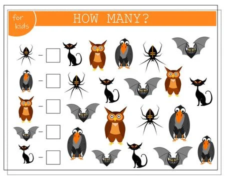 Math game for kids count how many of them, cat, owl, crow, spider, bat, hallo Stock Illustration