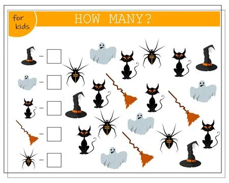 Math game for kids count how many of them, broom, ghost, cat, spider, hat, .. Stock Illustration