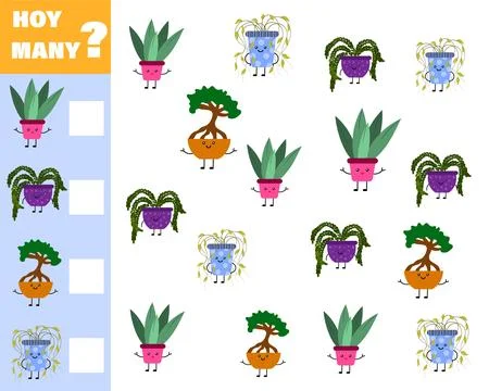 Math game for kids count how many items. Count how many cute cartoon flower.. Stock Illustration