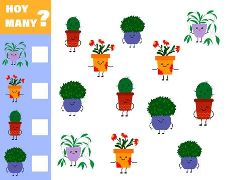 Math game for kids count how many items. Count how many cute cartoon flower.. Stock Illustration