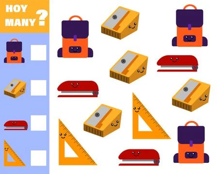 Math game for kids count how many items. Count how many cute cartoon school s Stock Illustration
