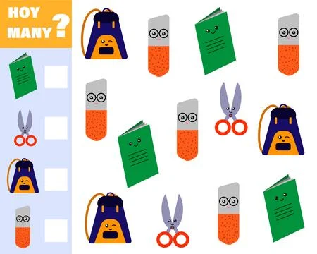 Math game for kids count how many items. Count how many cute cartoon school s Stock Illustration