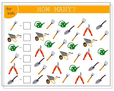 A math game for kids. Count the number of tools. Garden tools, shovel rake ca Stock Illustration