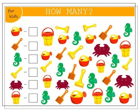 A math game for kids. Count the number of sand toys. Bucket, shovel, rake, sa Stock Illustration