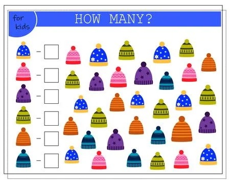 Math game for kids. worksheet, count how many caps. vector isolated on a wh.. Stock Illustration