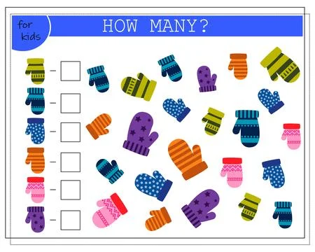 Math game for kids. worksheet count how many mittens. vector isolated on a .. Stock Illustration