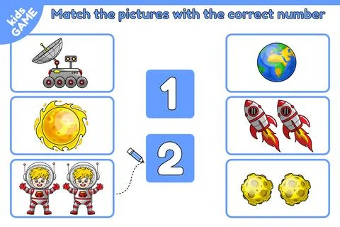 Math game Match space objects with correct number Stock Illustration