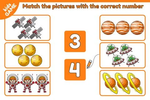 Math game Match space objects with correct number Stock-Illustration