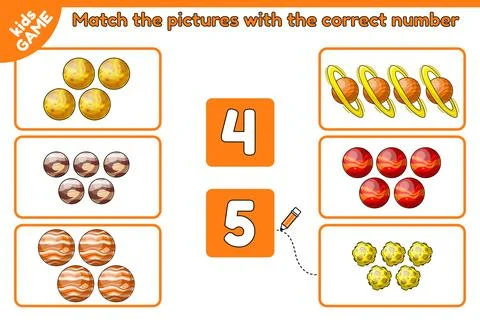 Math game Match space objects with correct number Stock Illustration