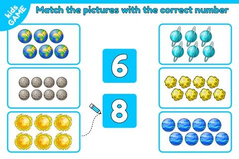 Math game Match space objects with correct number Stock Illustration