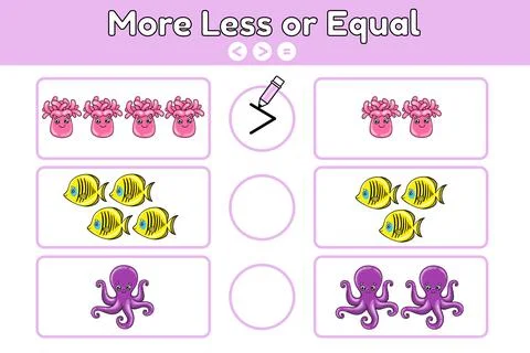 Math game more less or equal sea animals-4 Stock Illustration