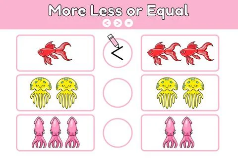 Math game more less or equal sea animals-6 Stock Illustration