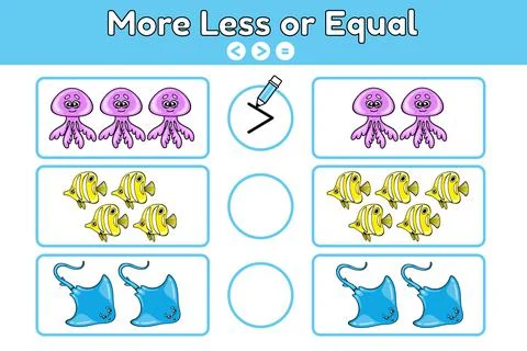 Math game more less or equal sea animals-3 Stock-Illustration