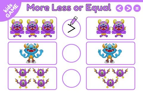 Math game more less or equal cartoon monsters-1 Stock-Illustration