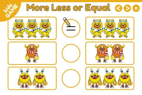 Math game more less or equal cartoon monsters-3 Stock Illustration