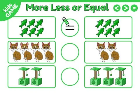 Math game More less or equal with cartoon cat Illustrazione stock
