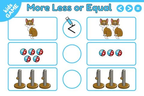 Math game More less or equal with cartoon cat Stock Illustration