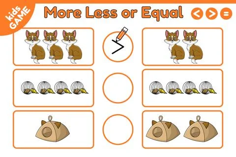 Math game More less or equal with cartoon cat Stock Illustration