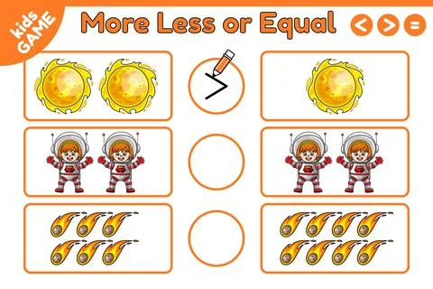 Math game More less or equal with space objects Stock Illustration
