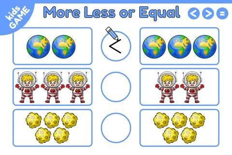 Math game More less or equal with space objects Stock Illustration