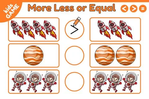 Math game More less or equal with space objects Stock-Illustration