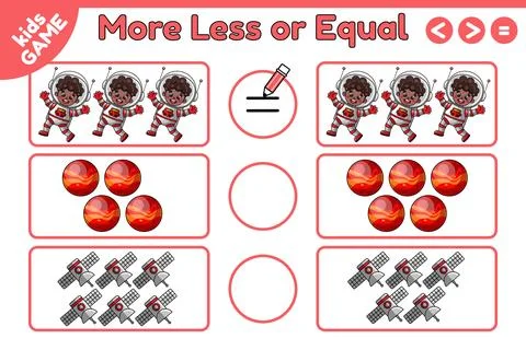 Math game More less or equal with space objects Stock Illustration