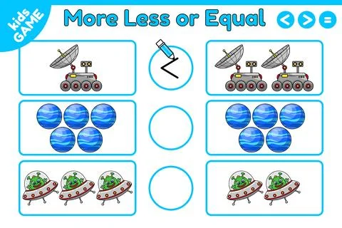 Math game More less or equal with space objects Stock Illustration