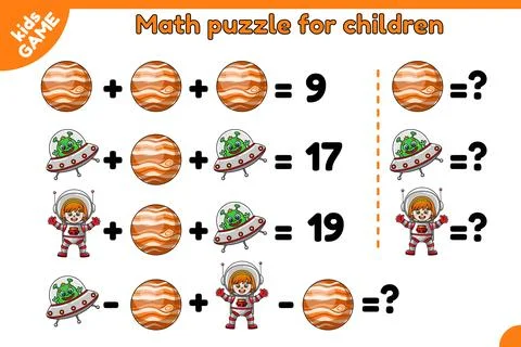Math game puzzle for children on space theme Stock Illustration
