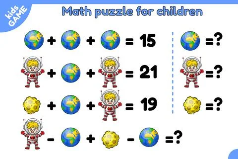 Math game puzzle for children on space theme Stock Illustration