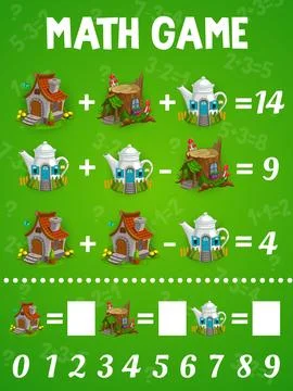Math game worksheet, cartoon elf and gnome house Illustrazione stock