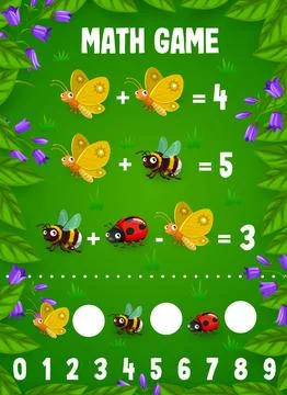 Math game worksheet with cartoon insect characters 스톡 일러스트