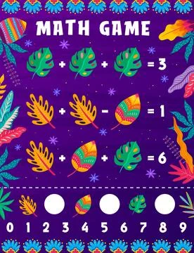 Math game worksheet with cartoon plant leaves 스톡 일러스트