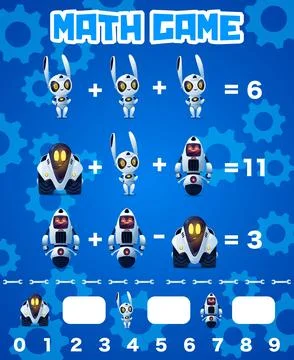 Math game worksheet cartoon robot characters test Stock Illustration