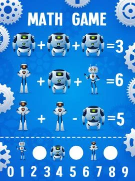 Math game worksheet of cartoon robots and droids Stock Illustration