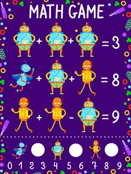 Math game worksheet, cartoon robots and droids イラスト素材