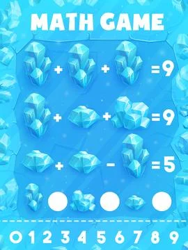 Math game worksheet, ice crystals and cubes Illustrazione stock