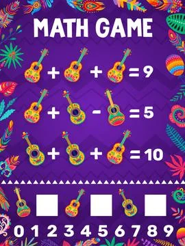 Math game worksheet, mexican guitars and flowers Stock Illustration