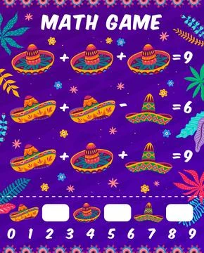 Math game worksheet with Mexican sombrero hats 스톡 일러스트