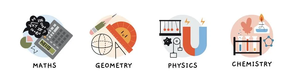 Math, geometry, physics and chemistry lesson at school, education concept. Ro Illustrazione stock