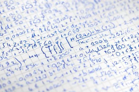 Math handwriting in notebook closeup Stock Photos