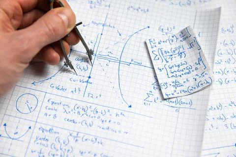Math handwriting in notebook closeup Stock Photos