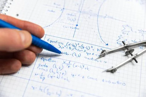 Math handwriting in notebook closeup Stock Photos