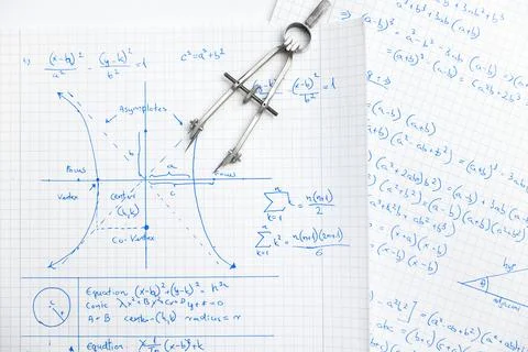 Math handwriting in notebook closeup Stock Photos