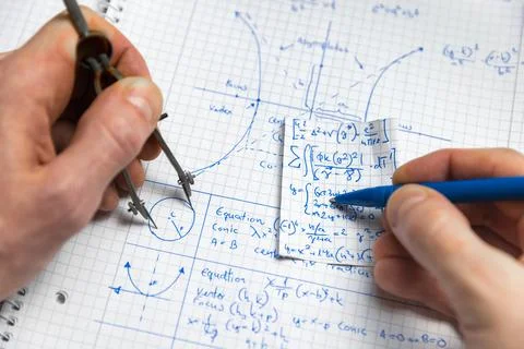Math handwriting in notebook closeup Stock Photos