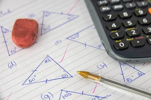 Math Homework Or Exam A Child s Math (Geometry) Homework Or Exam, With Cal... Foto stock